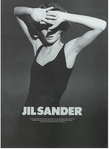 Jil Sander advertising campaign, black and white portrait with wordmark