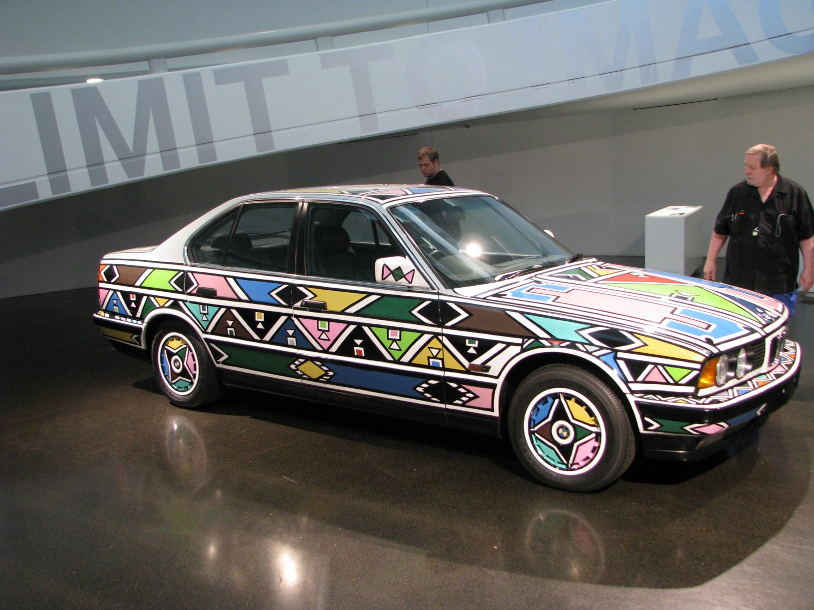 Esther Mahlangu’s BMW 525i covered in vividly coloured Ndebele geometric painting