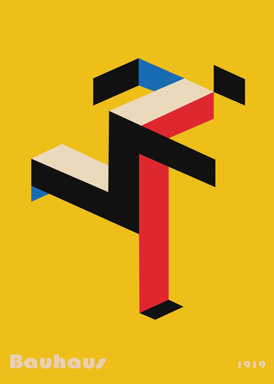 Bauhaus poster, 1919, isometric geometric composition on yellow