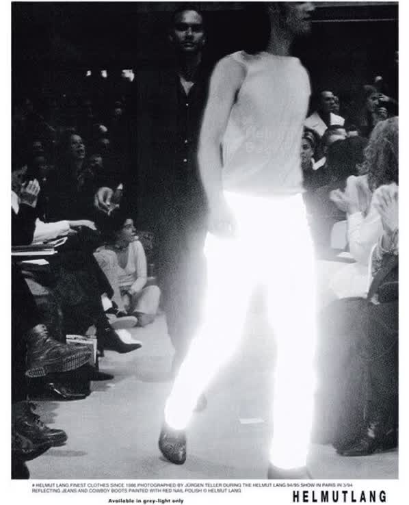 Helmut Lang campaign photographed by Juergen Teller, reflective jeans on the runway